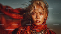 Fashion Portrait of Woman in Red Scarf with Sunset Background