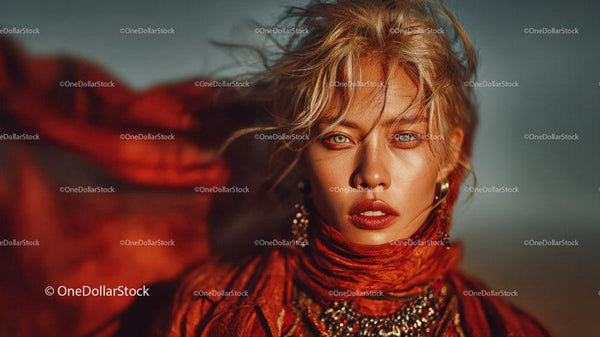 Fashion Portrait of Woman in Red Scarf with Sunset Background