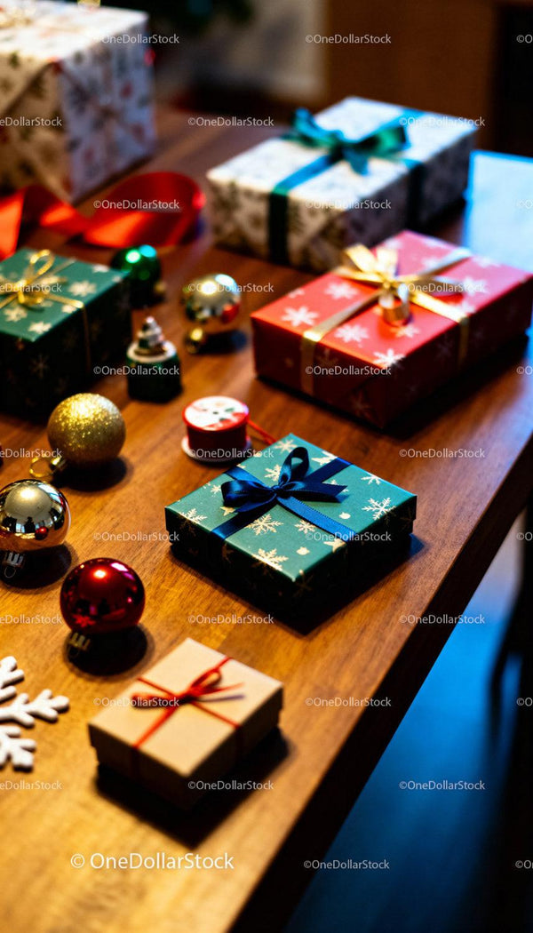 Festive Wrapped Christmas Gifts on Wooden Table