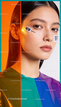 Young woman with barcode and sticker in futuristic fashion