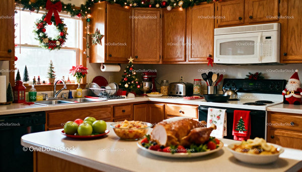 Cozy Kitchen Decorated for Christmas Dinner Preparation