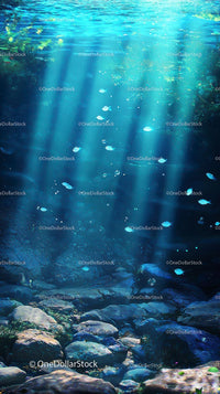 Underwater Scene with Sunbeams and Fish Swimming Over Rocky Seabed