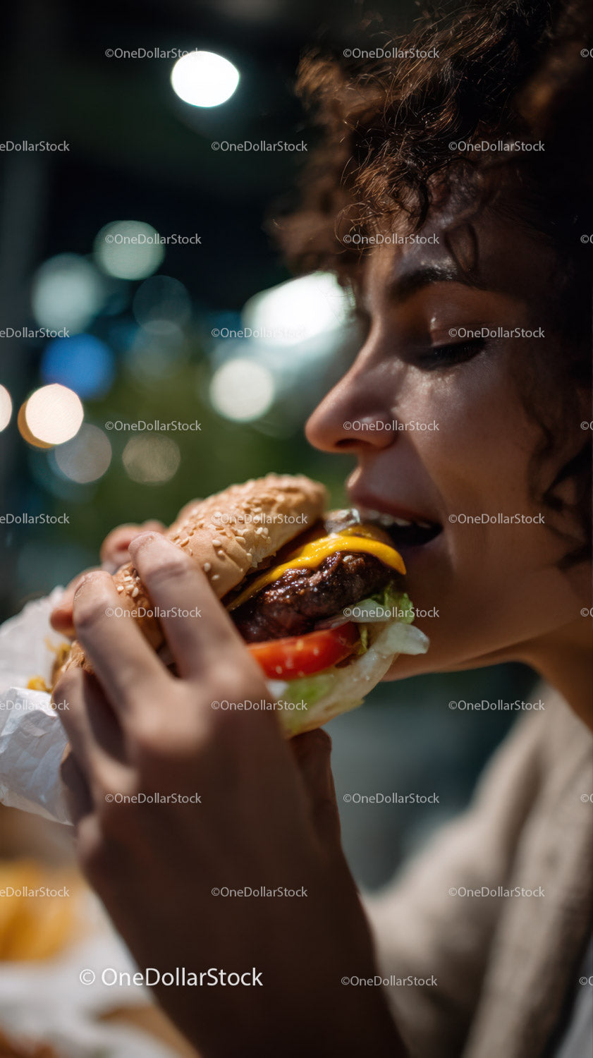 Young Woman Eating Juicy Cheeseburger Outdoors in Casual Setting