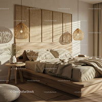 Cozy modern bedroom with natural light and wooden decor