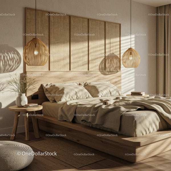Cozy modern bedroom with natural light and wooden decor