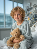 Smiling Boy with Teddy Bear in Hospital Room