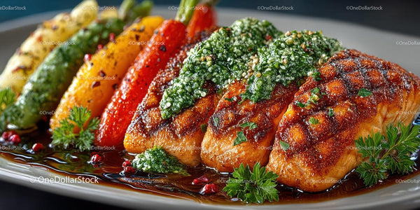 Colorful Grilled Fish Fillets with Roasted Vegetables and Herb Garnish