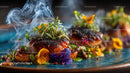 Gourmet Plated Meat with Edible Flowers and Herbal Garnish