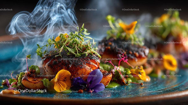 Gourmet Plated Meat with Edible Flowers and Herbal Garnish