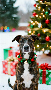 Brindle Dog Wearing Festive Collar by Christmas Tree