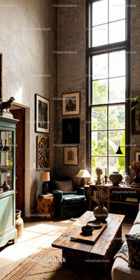 Sunlit cozy living room with rustic wooden decor
