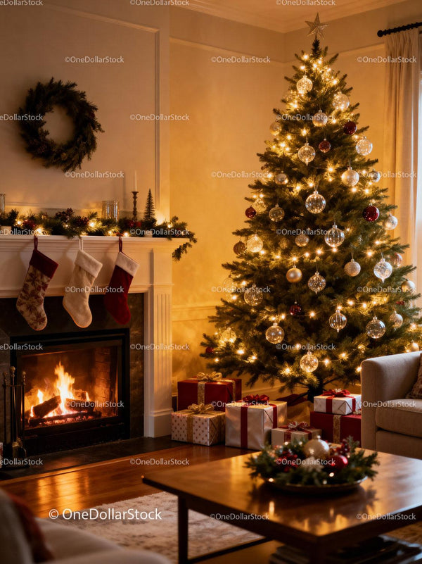 Cozy Living Room with Decorated Christmas Tree and Fireplace