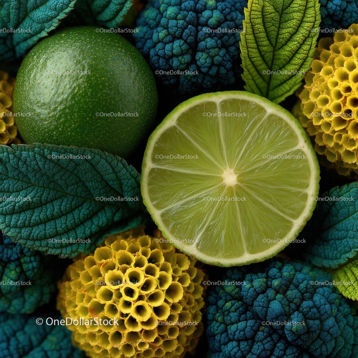 Zbliżenie świeżych zielonych plasterków limonki z liśćmi i fakturą