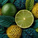 Close-Up of Fresh Green Lime Slices with Leaves and Texture