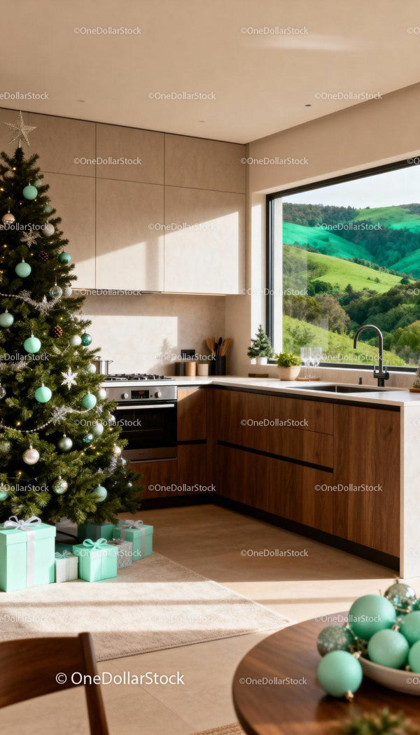 Modern cozy kitchen with decorated Christmas tree and gifts