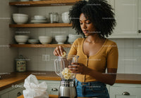 Young Woman Preparing Banana Smoothie in Modern Kitchen