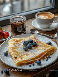 Delicious Blueberry Pancakes with Fresh Fruit and Coffee