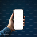 Hand holding smartphone with blank white screen