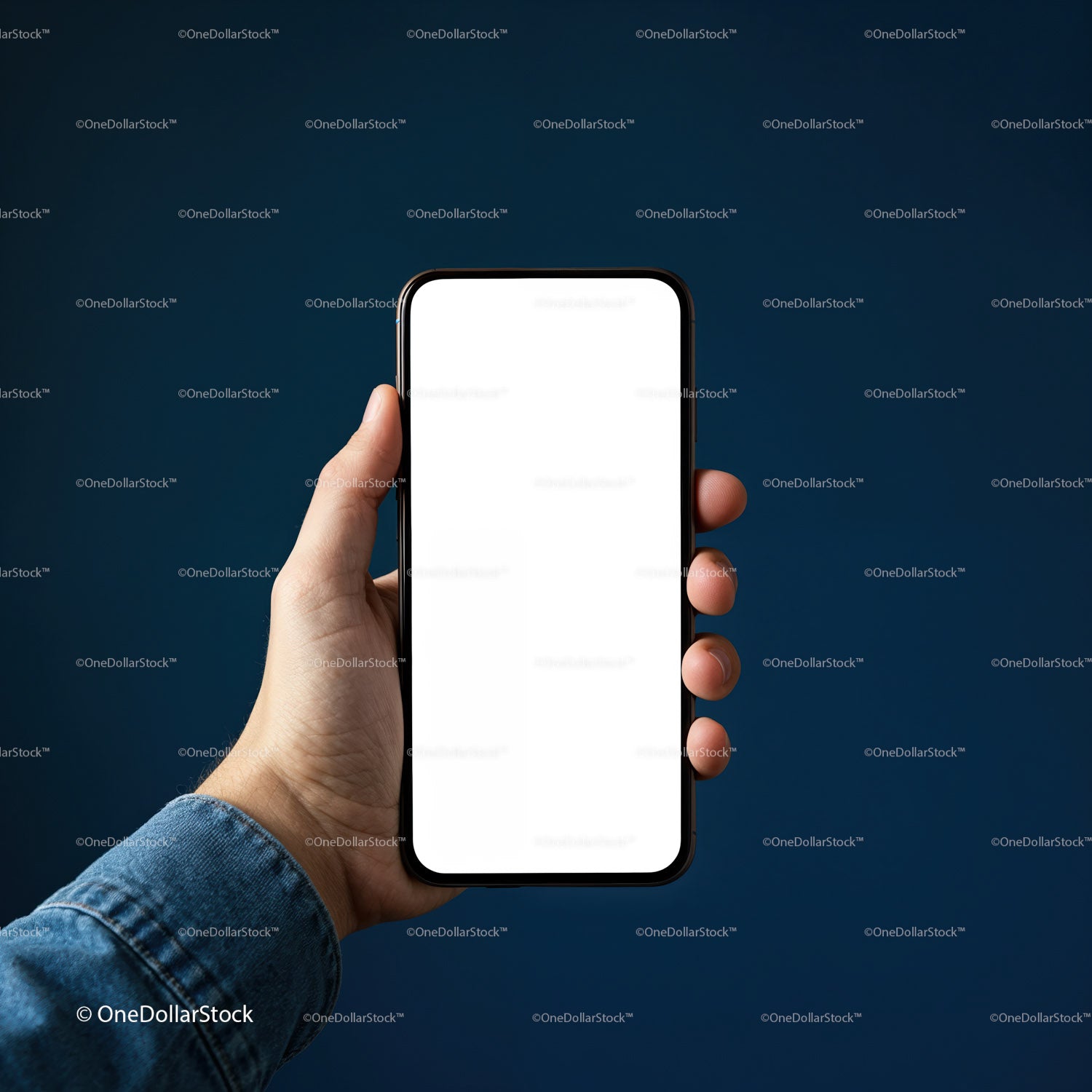 Hand holding smartphone with blank white screen