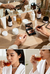 Woman enjoying self-care with skincare and makeup routine