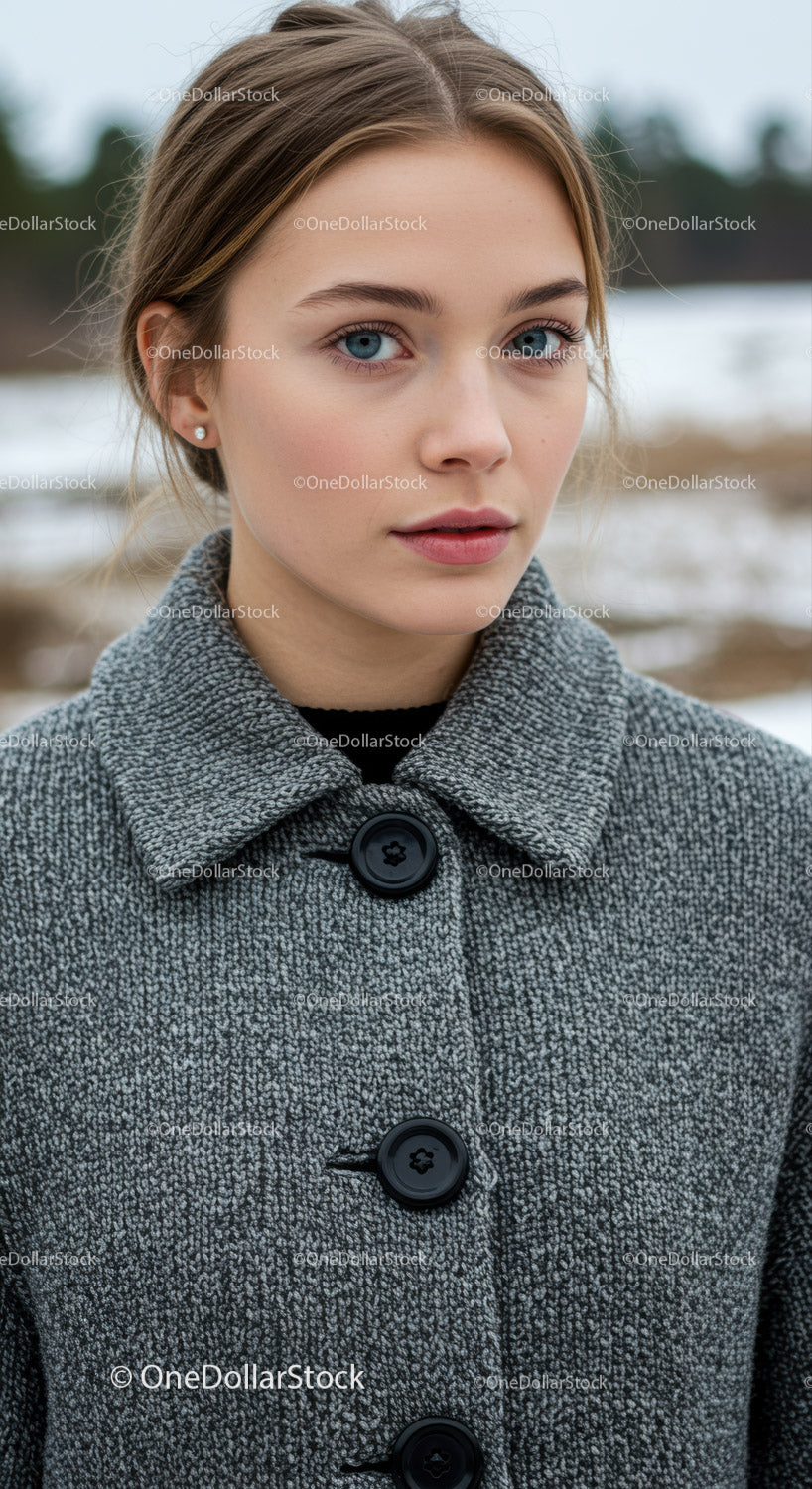 Young Woman Portrait in Gray Coat with Blue Eyes Outdoors