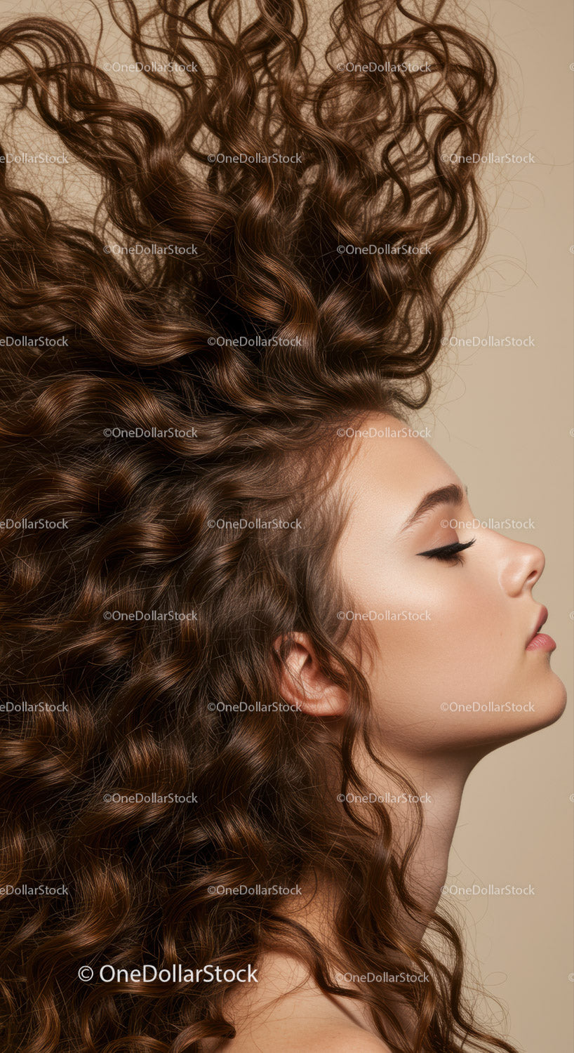 Profile of young woman with voluminous curly hair