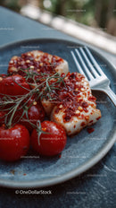 Feta Cheese and Cherry Tomatoes on a Rustic Plate