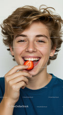 Happy Teenage Boy Enjoying Fresh Strawberry with a Big Smile