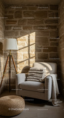 Cozy armchair corner with folded blankets and warm light