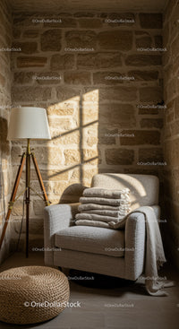 Cozy armchair corner with folded blankets and warm light