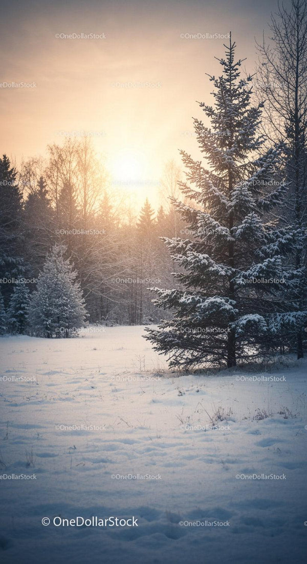 Sunset Over Snow Covered Winter Forest Landscape
