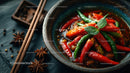 Spicy Asian Beef Stew with Rice and Fresh Herbs in a Black Stone Bowl