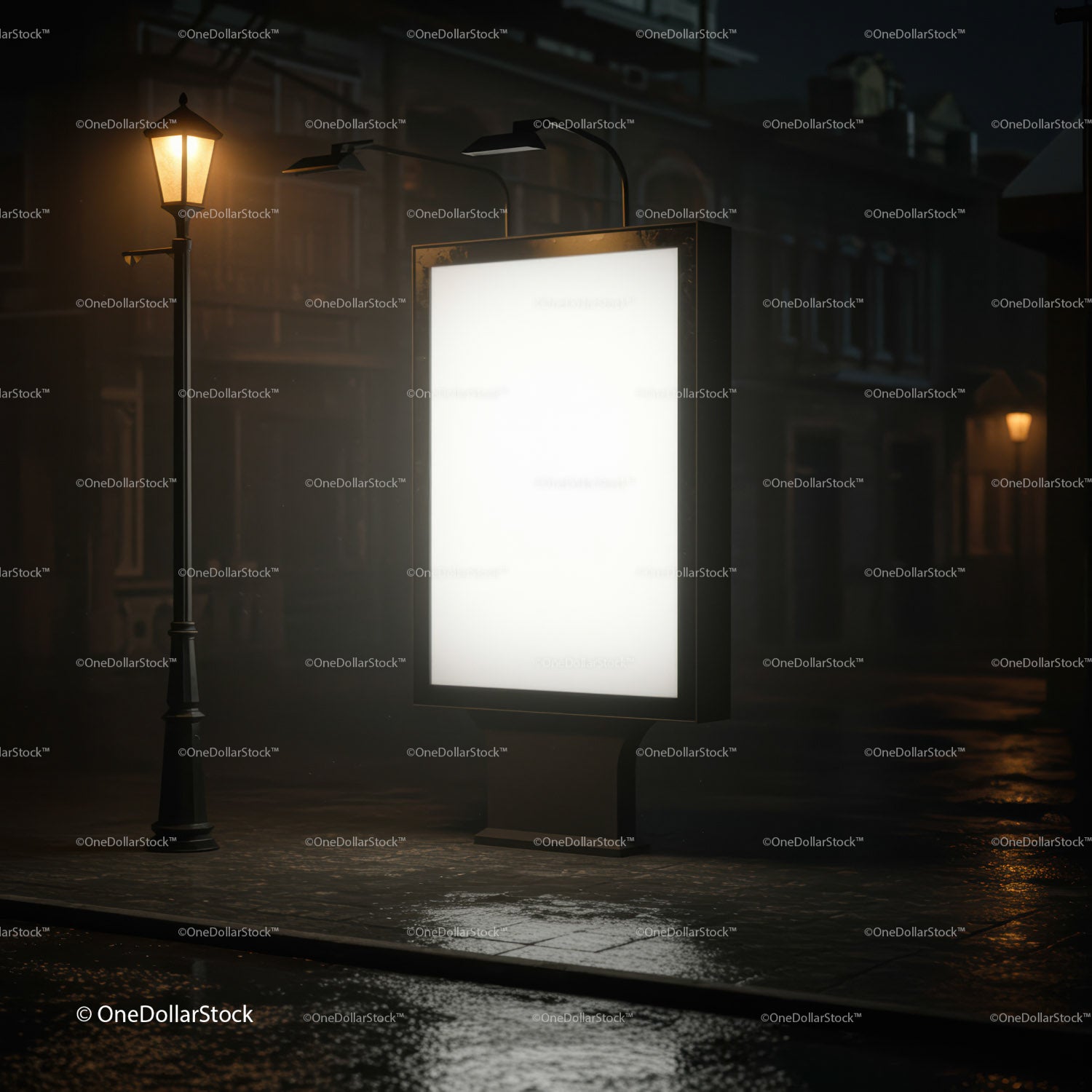 Illuminated blank street billboard at night in urban setting