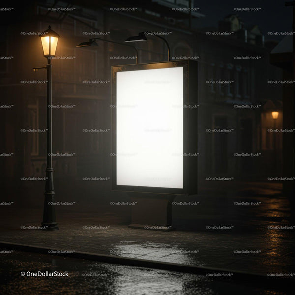 Illuminated blank street billboard at night in urban setting JPG Mockup Image