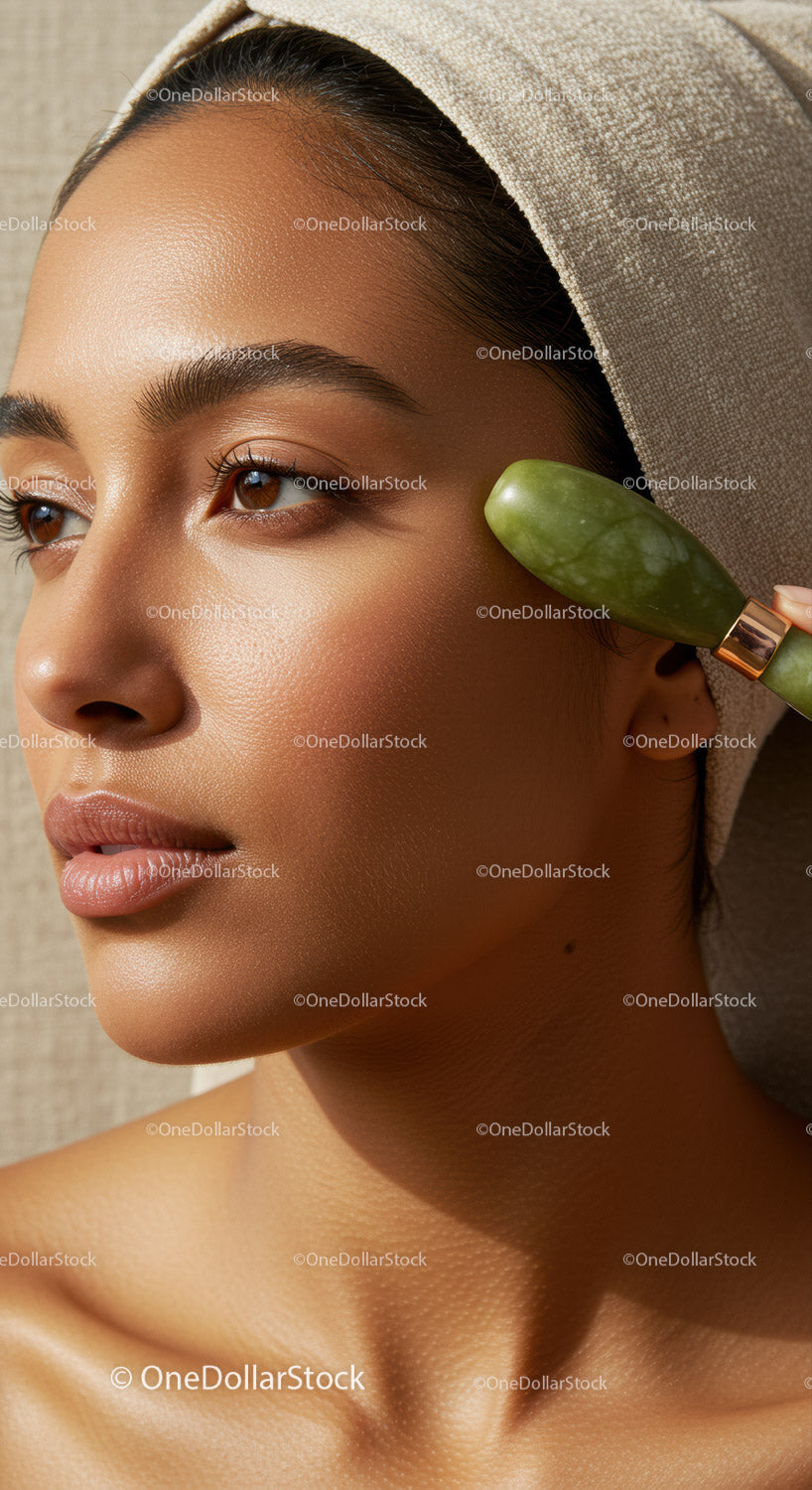 Close-up of a Woman Receiving Facial Massage Using Jade Roller for Glowing Skin