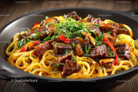 Stir-Fried Beef and Noodles with Vegetables in a Black Pan