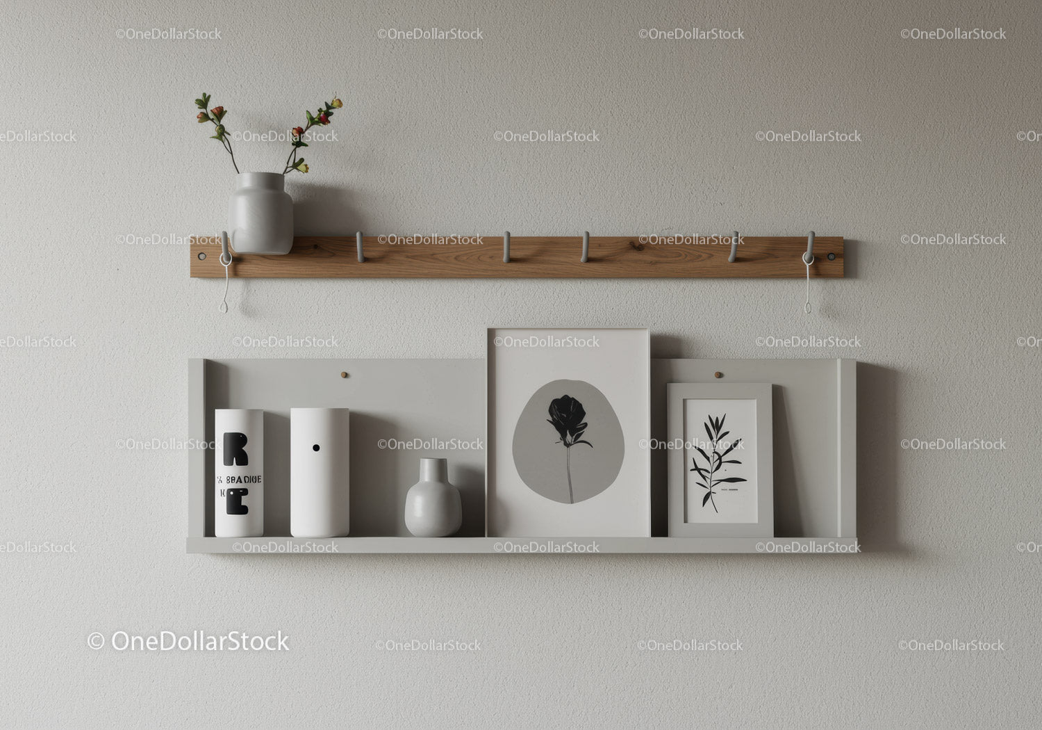 Minimalist Wall Shelves with Vases and Botanical Prints Decor