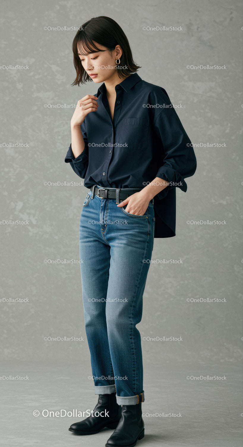 Stylish Woman in Casual Jeans and Black Shirt Against Neutral Background