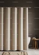 Modern Bathroom Scene with Beige Shower Curtain and Wooden Side Table