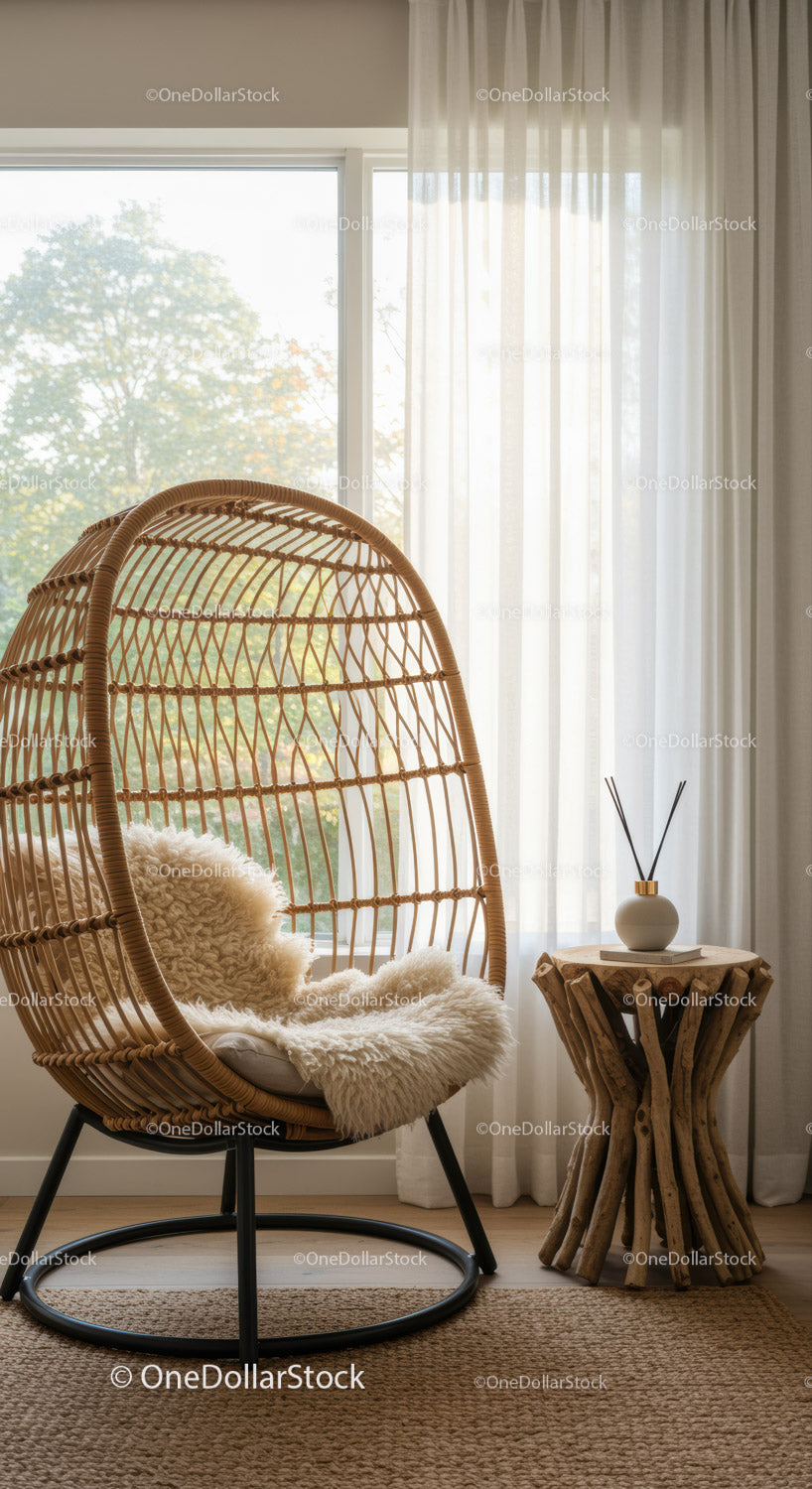 Cozy rattan chair with soft sheepskin in modern room