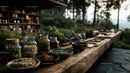 Herbal Collection on Rustic Wooden Table in Beautiful Outdoor Garden