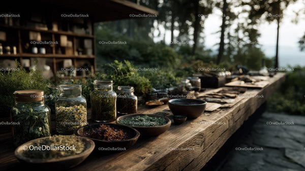 Herbal Collection on Rustic Wooden Table in Beautiful Outdoor Garden