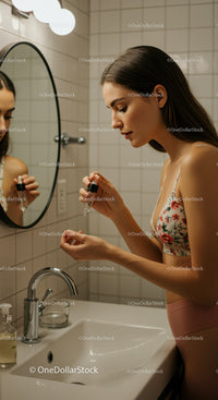 Young Woman Applying Skincare in Modern Bathroom Interior