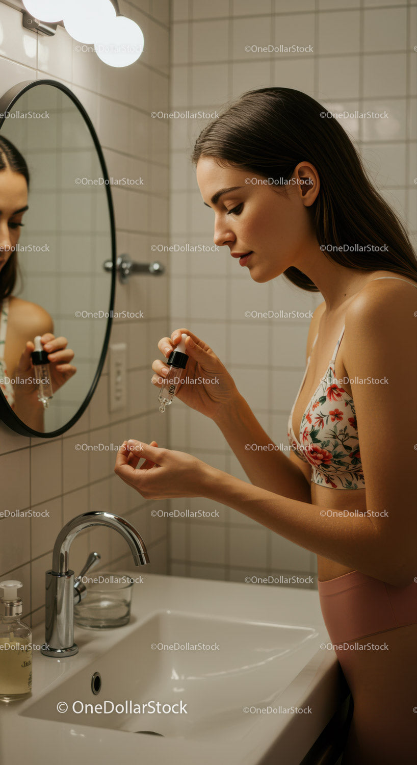 Young Woman Applying Skincare in Modern Bathroom Interior