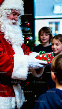 Santa Claus Giving Christmas Gift to Happy Children