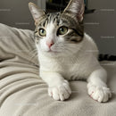 Curious tabby cat resting on cozy beige blanket