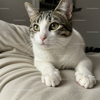 Curious tabby cat resting on cozy beige blanket