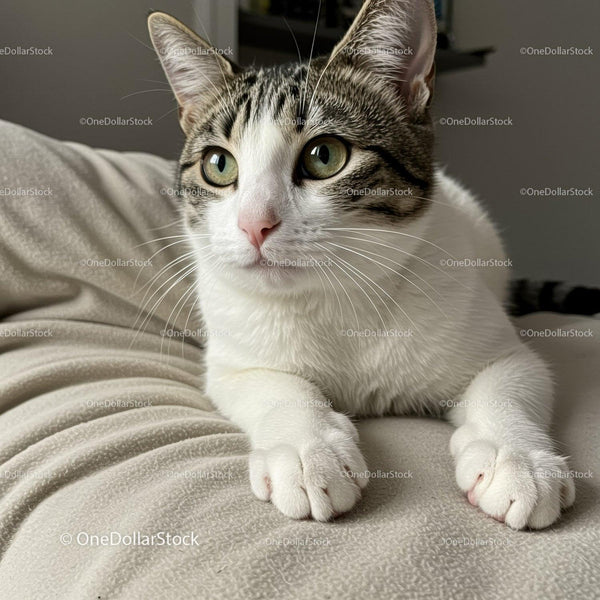 Curious tabby cat resting on cozy beige blanket