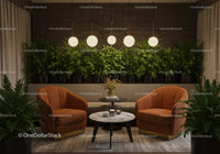 Cozy lounge with terracotta chairs and lush greenery
