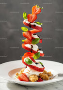 Deconstructed strawberry dessert with cream and basil